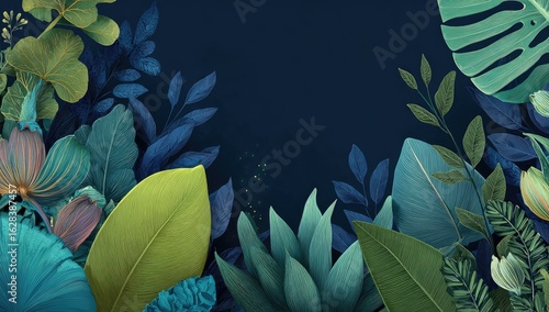 Tropical foliage border on a dark background