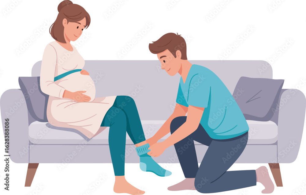 Fototapeta premium A caring man kneels to help a pregnant woman put on a blue sock while she rests on a sofa.