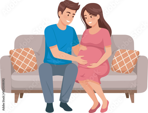 Affectionate expecting couple sitting on a couch smiling and gently touching the pregnant womans baby bump.