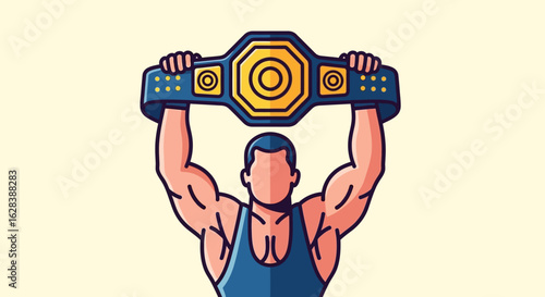 Modern Flat Illustration of a Muscular Wrestler Lifting a Championship Belt
