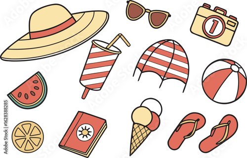 Illustration of summer themed items including a hat sunglasses camera drink umbrella beach ball and more