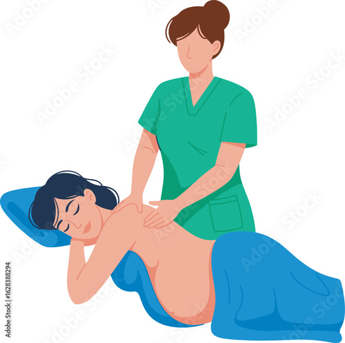 A pregnant woman with dark hair receiving a relaxing prenatal back massage from a therapist in green scrubs.
