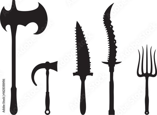 Collection of menacing medieval weapons silhouettes on white
