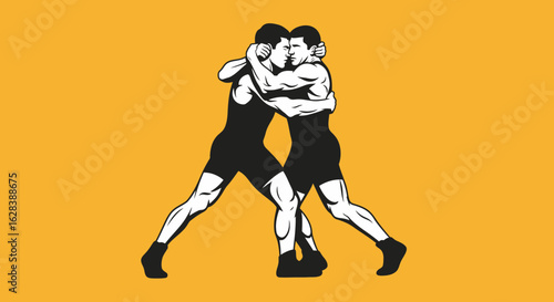 Flat Illustration Detailed Wrestler Duel Sport Black and White Graphic Element