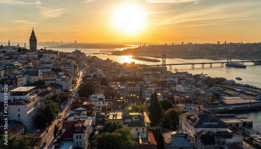 Fototapeta premium Aerial sunset view of Istanbul featuring Galata Tower, river, and bridge. 