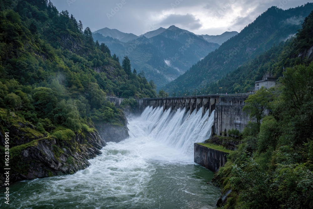 Fototapeta premium A concrete dam spills water into a rushing river nestled within a verdant, mountainous valley under a brooding sky