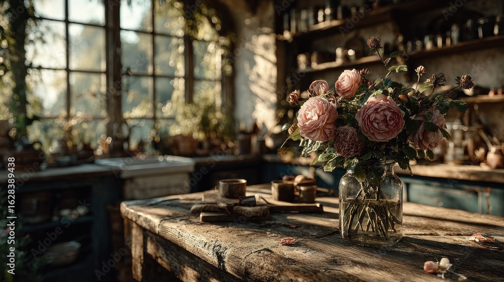 Naklejka premium Rustic kitchen with pink roses. Sunlight streams into a vintage-style kitchen, highlighting a bouquet of pink roses in a glass jar on a weathered wooden table