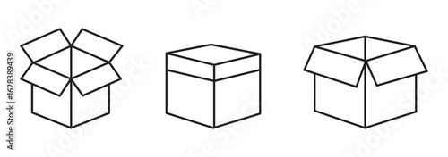 Box icons set.Shipping, delivery box or container icons. Carton box simple icon collection. Delivery symbol Empty open shipping box or unboxing line art
