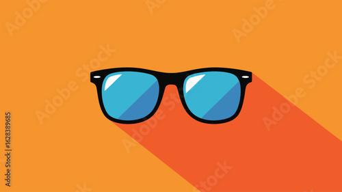 Black sunglasses icon with blue lenses on vibrant orange background—ideal for summer themes, fashion visuals, and stylish accessory designs