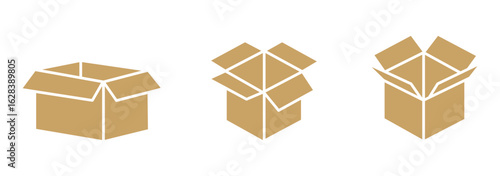 Cardboard box icon set. Carton container unpacking process vector illustration. Empty cargo package symbol for shipping or delivery service. Isometric transportation boxes set.
