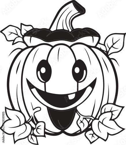 Happy jack o lantern pumpkin with leaves outline drawing