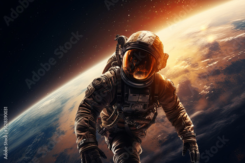 Astronaut explores the vastness of outer space with the sun shining brightly in the background