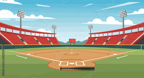 Flat Style Baseball Stadium Landscape Illustration Graphic Asset Template