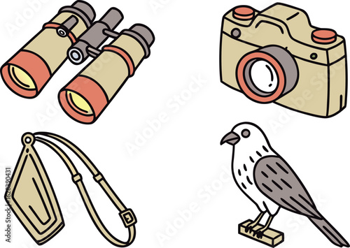 Illustration showcasing binoculars, a camera, a tag with a strap, and a bird perched on a small stand