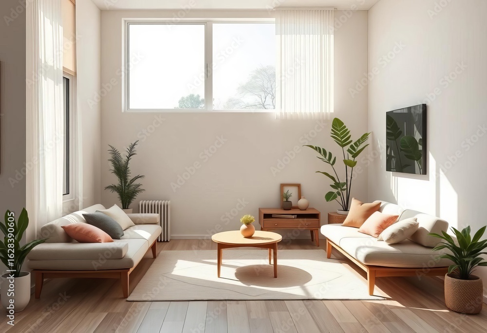 Fototapeta premium Sunlit minimalist apartment living room, calming neutrals, meditation corner, real estate, neutral