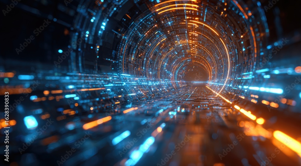 Fototapeta premium Abstract digital tunnel with vibrant glowing lines