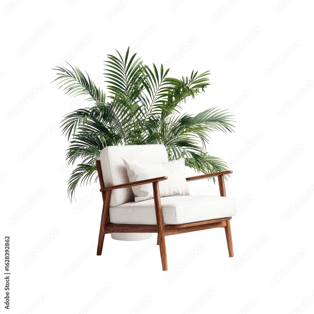 Fototapeta premium White armchair with wooden frame, lush palm plant