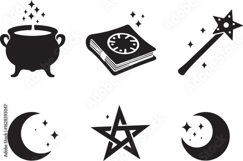 Magical icons cauldron, book, wand, moon, star, pentagram