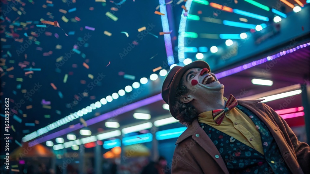 Fototapeta premium Laughing Clown with Confetti under Carnival Lights