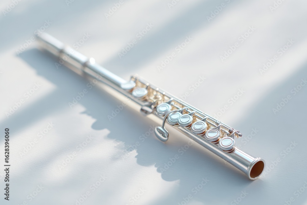 Fototapeta premium Shiny flute rests elegantly on light surface, casting soft shado