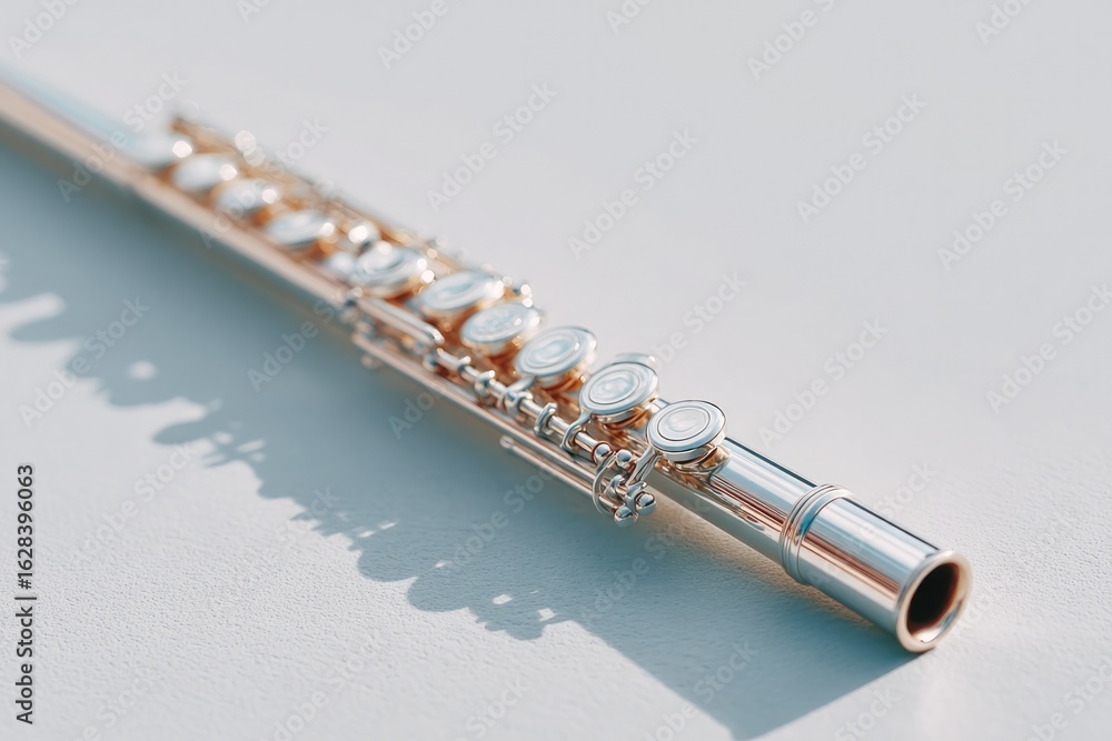 Fototapeta premium Shiny flute rests on smooth surface, reflecting light and showca