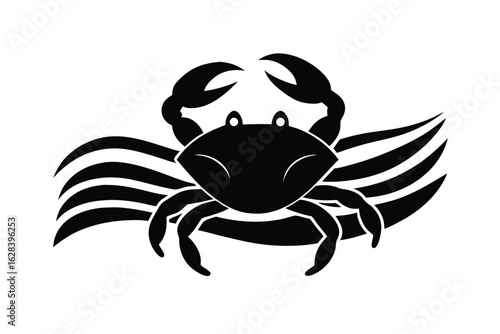 World animal day vector art of black crab silhouette with waves isolated