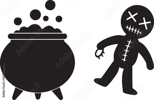 Vector art of halloween illustration of a voodoo doll and a witch cauldron isolated on white background