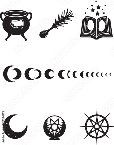 Mystical symbols cauldron feather book moon phases crystal ball compass