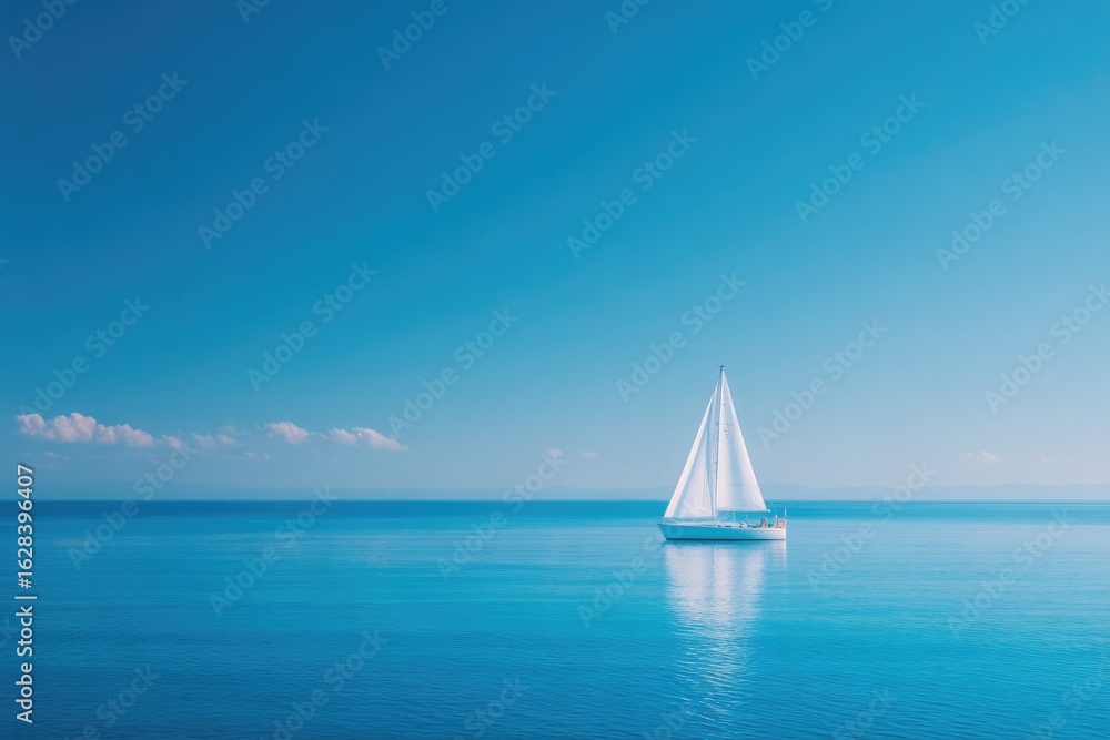 Obraz premium Sailboat glides smoothly on tranquil blue waters under clear ski