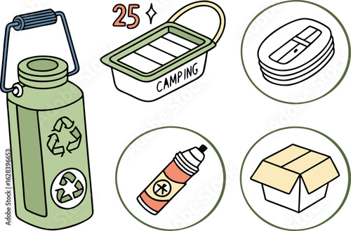 Illustration of a green water bottle with recycle symbol, camping container, and assorted circular icons