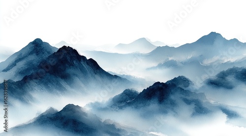 Misty mountain range, painted in blue and gray tones