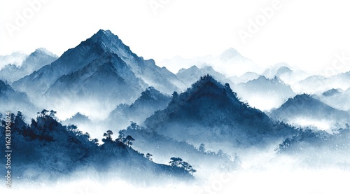 Misty mountain range, painted in shades of blue and gray.  Distant peaks fade into a hazy, ethereal atmosphere.  Trees and brushstrokes suggest a dense forest clinging to the slopes
