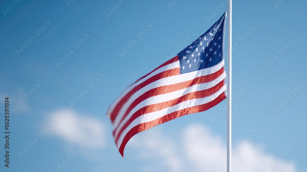 Fototapeta premium Waving flag showcases vibrant colors against clear blue sky, sym