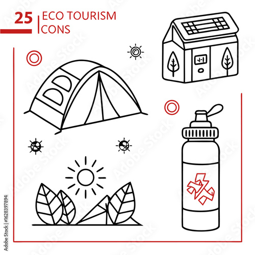 Illustration showing eco tourism icons featuring a tent, solar powered cabin, water bottle and nature scene