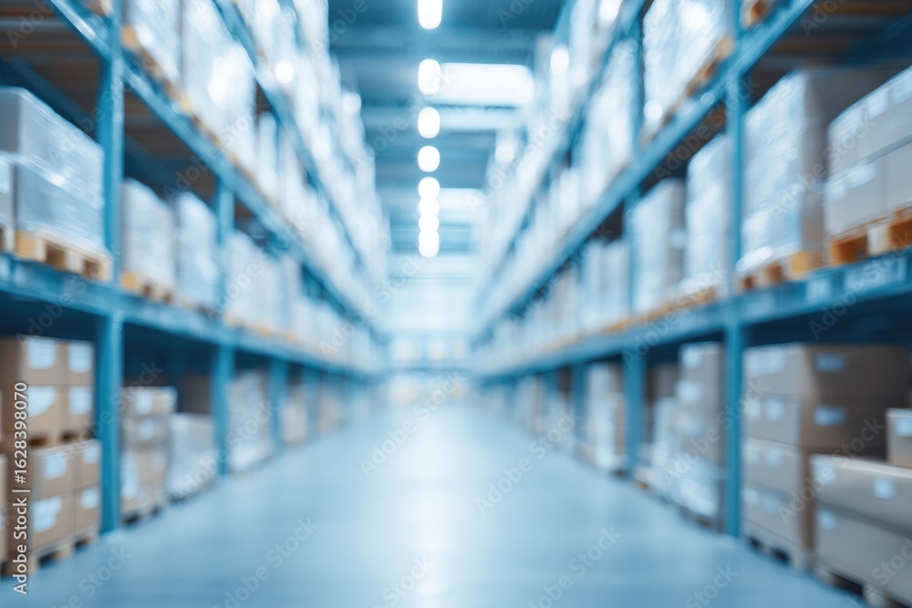 Fototapeta premium Large storage facility with organized shelves and boxes creating