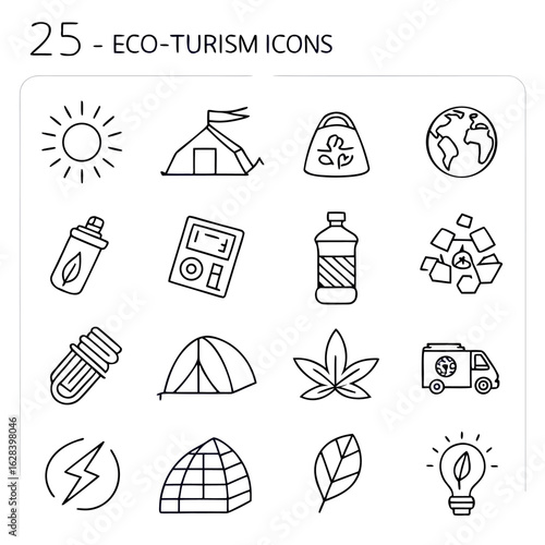 Illustration of sixteen eco tourism icons including sun tent earth bag bottle leaf and recycling symbol