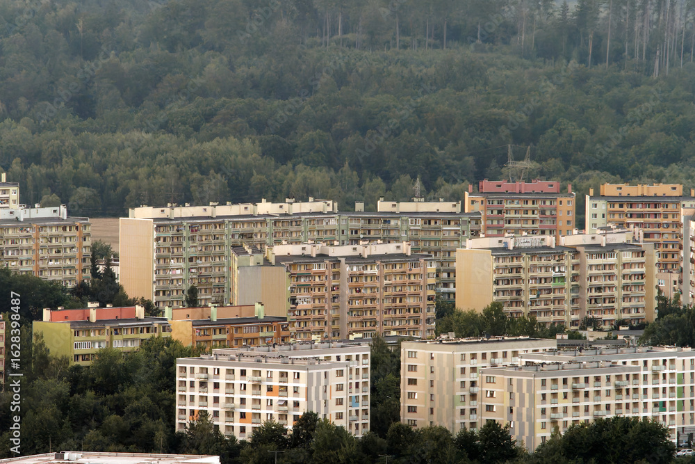 Obraz premium Walbrzych city, district Podzamcze, view from above, blocks called Wielka Płyta. Old housing estate from the times of PRL. Prefabricated concrete block of flats