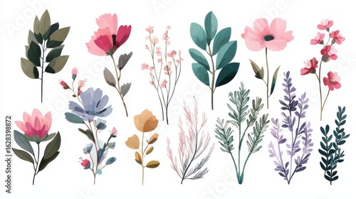 Wallpaper Mural Boho floral illustration set with leaves and herbs.Flowers and leaves collection. Plants on white backround. Hand drawing vector. Torontodigital.ca