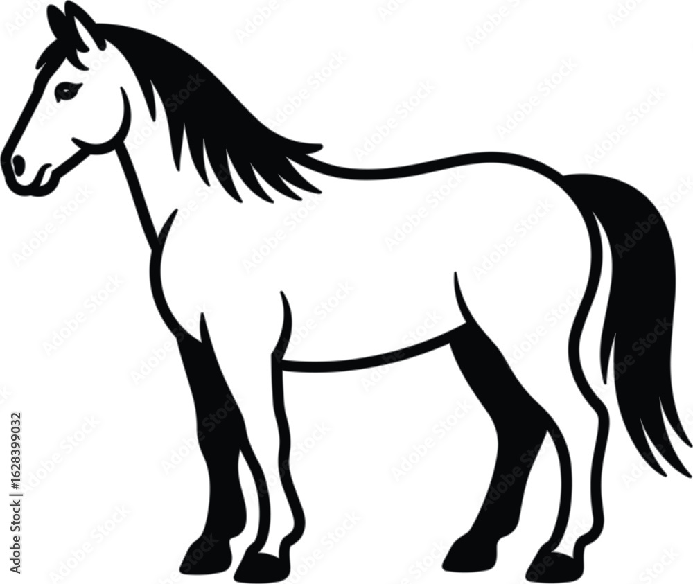 Fototapeta premium Simple black and white outline drawing of a majestic horse standing still in profile