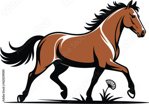 Majestic brown horse with flowing mane and tail in a dynamic trot across a grassy field