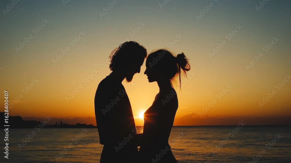 Fototapeta premium Silhouetted Couple Facing Each Other at Sunset Over Ocean