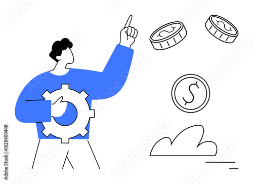 Person holding gear wheel, pointing upwards towards floating coins and dollar sign. Ideal for finance, strategy, business solutions, growth, innovation, investment, simple landing page