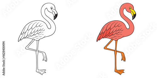 Cute Cartoon Flamingo Coloring Page Vector On White Background