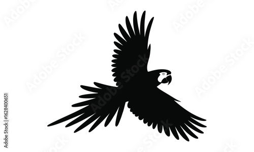 Silhouette of a flying parrot with curved beak, spread wings, and fanned tail feathers—perfect for wildlife themes, tropical branding, or travel designs