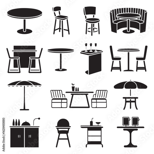 Vector art of a collection of restaurant and cafe furniture icons, featuring tables, chairs, bar stools, and booths