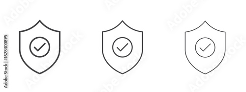 Shield check mark icon in linear, outline icon isolated on white background
