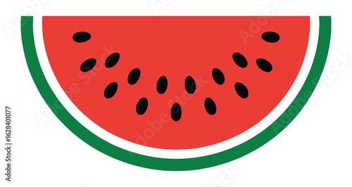 Stylized watermelon slice with red interior, black seeds, and green rind—perfect for summer, food design, fruity themes, and seasonal graphics
