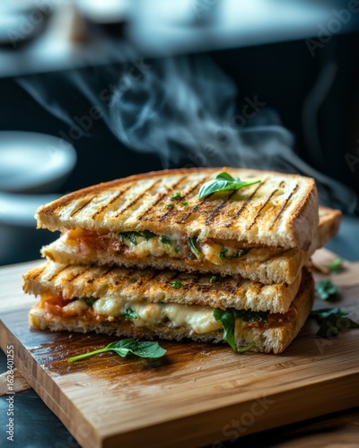 Stacked panini Grilled Sandwiches with Cheese, Tomato, and Spinach on Cutting Board