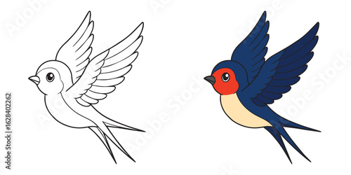 Cute Swallow Bird Flying Cartoon Coloring Book For kids Printable Vector Illustration