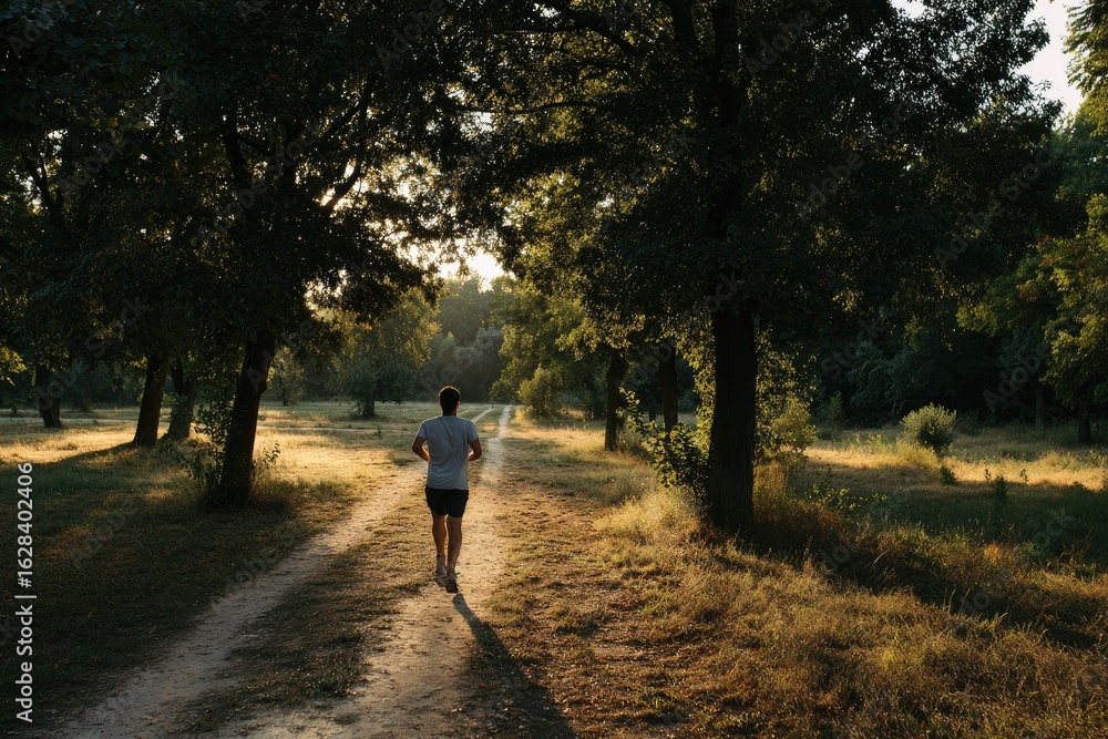 Fototapeta premium A runner in a park at sunset. Sunlight filters through trees lining a dirt path